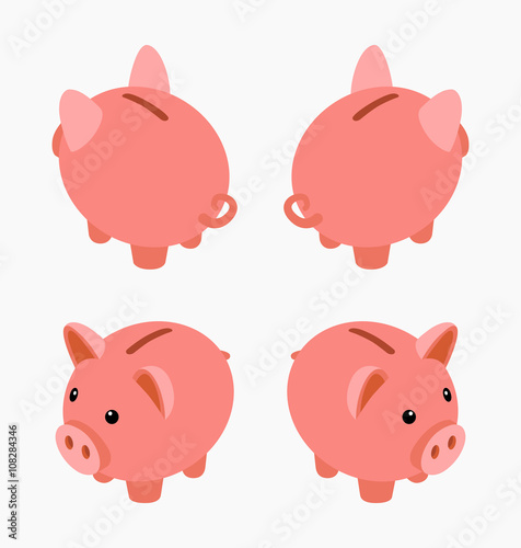 Isometric piggy bank. Set of the piggy moneyboxes. The objects are isolated against the white background and shown from different sides