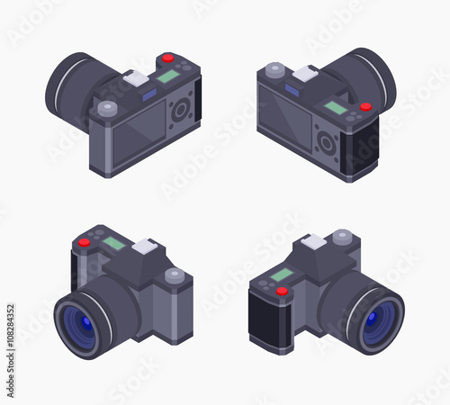 Set of the isometric digital photo cameras. The objects are isolated against the white background and shown from different sides