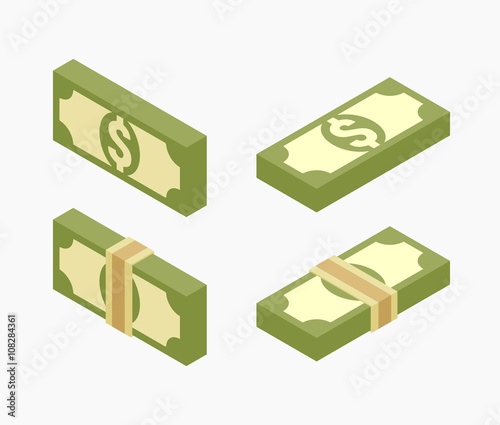 Set of the isometric bundles of paper money. The objects are isolated against the white background and shown from different sides