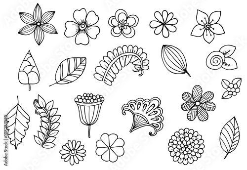 Set of Doodle flowers  adult coloring page 