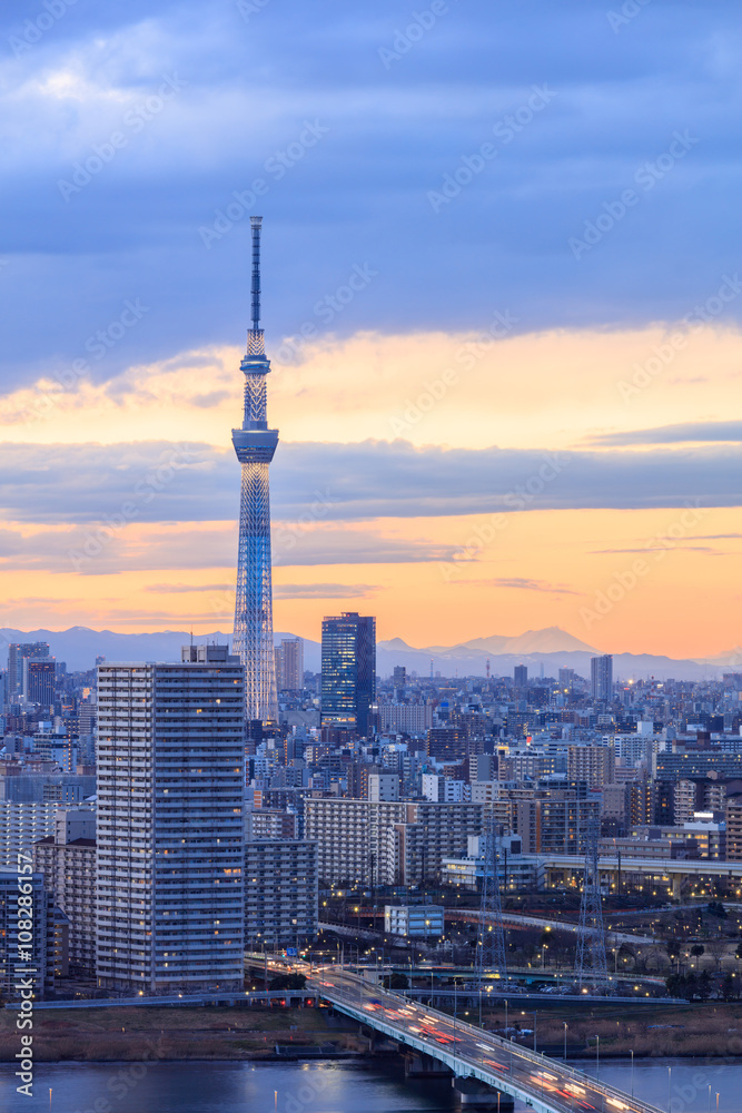 Tokyo city with tokyo sky tree at sunset time