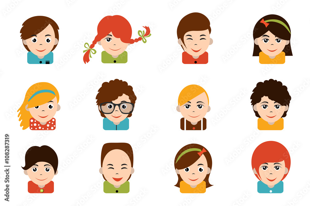 Avatar children people head. Various cartoon modern happy faces. Flat design vector illustration. Avatar children people head. Various cartoon modern happy faces. Flat design vector illustration.