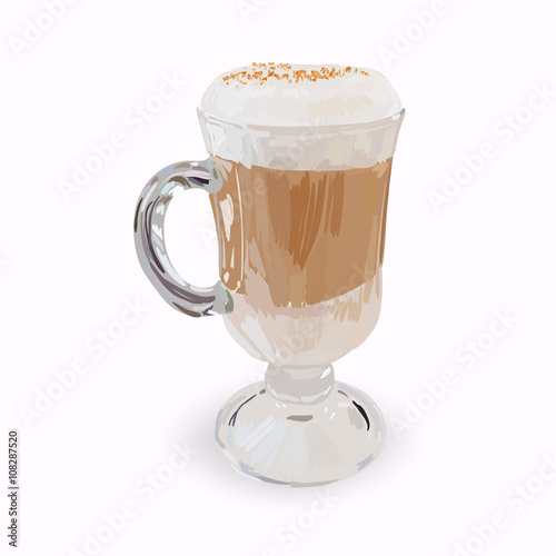 tall glass cup of cappuccino with whipped cream made layers, iso