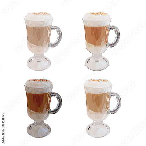 tall glass cup of cappuccino with whipped cream made layers, iso