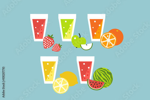 Fruit summer smoothie raw coctail set. Vector cartoon flat design icons.