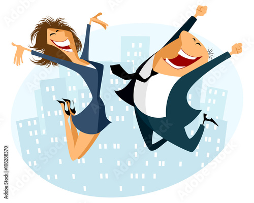 Businessman and businesswoman jumping