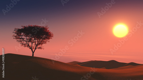 lonely tree on the desert sunset time background 3d rendering    © chayathon2000