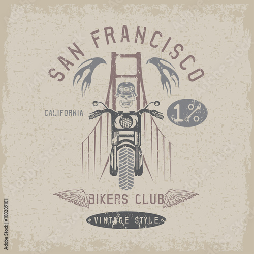 skeleton in helmet on bike and golden gate bridge vector design