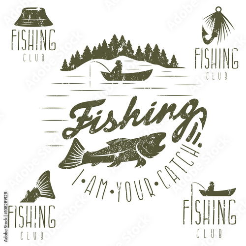 set of vintage grunge labels with fishing theme