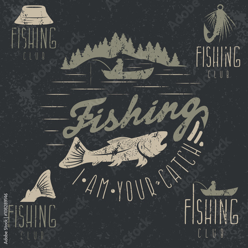 set of vintage grunge labels with fishing theme