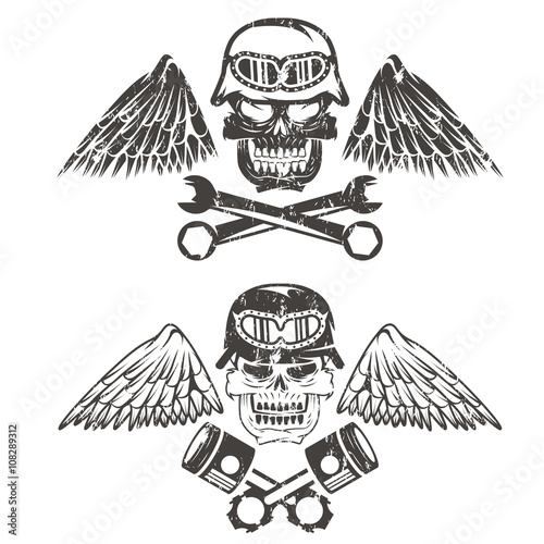 biker theme label with pistons ,wrenches and skulls