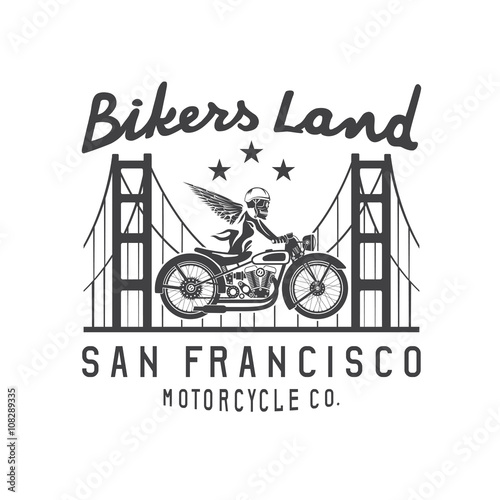 skeleton in helmet on bike and golden gate bridge vector design