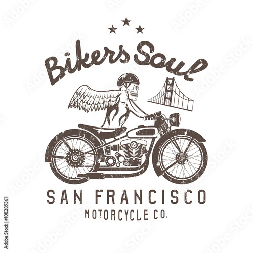 skeleton in helmet on bike and golden gate bridge vector design