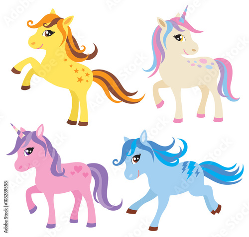 Vector illustration of colorful horse, pony and unicorn.