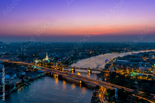 Memorial Bridge from top view.Bangkok Cityscape,Thailand