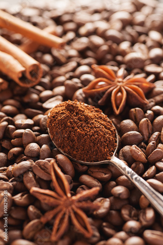 Grounded coffee in silver spoon with cinnamon and star anise © Glevalex