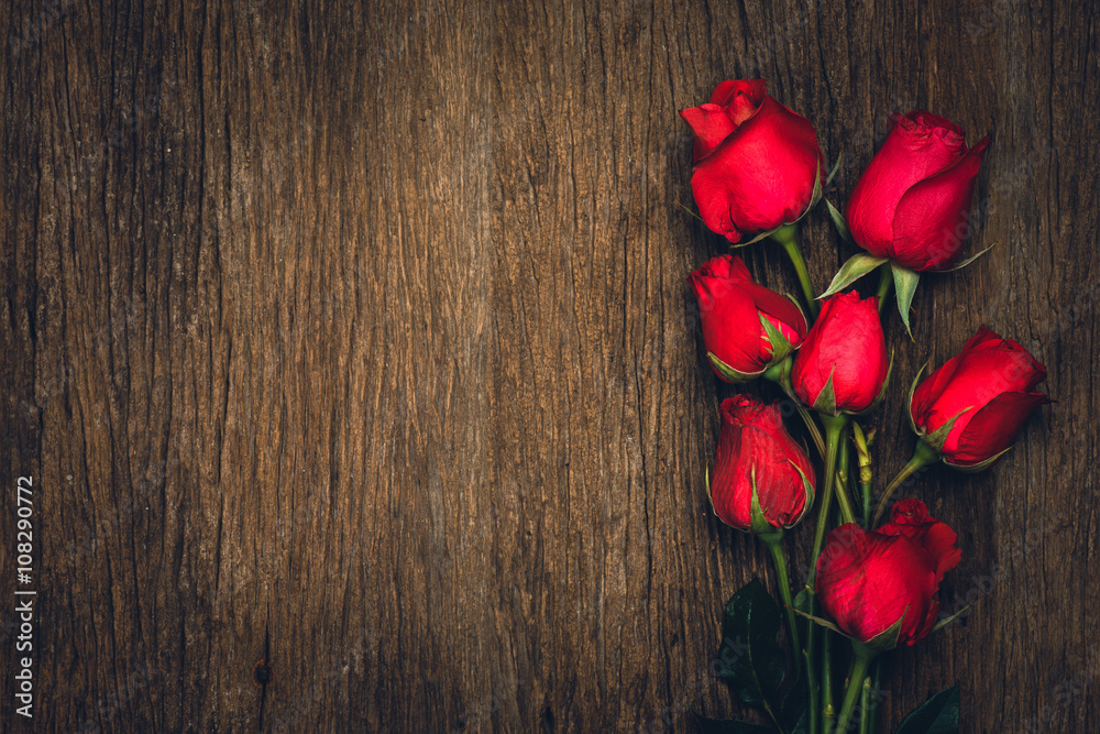 Red rose on wooden background