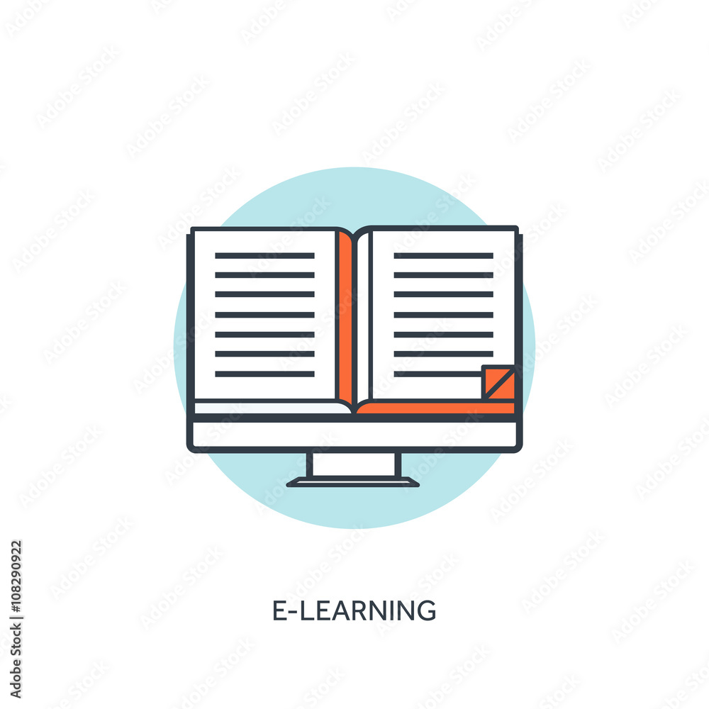 Flat lined e-learning background with computer, book. Flat lined e-learning background with computer, book.