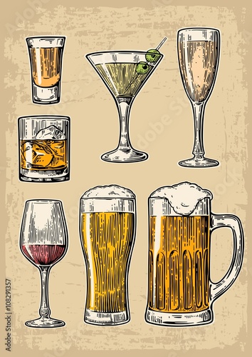 Set glass beer, whiskey, wine, tequila, cognac, champagne, cocktails. Vector engraved illustration isolated on beige vintage background