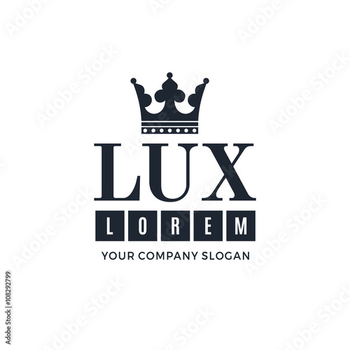 Dark blue logo on a white background with a picture of the silhouette of the crown and the words Lux. It symbolizes the highest quality, strength, indestructibility. Vector Illustration.
