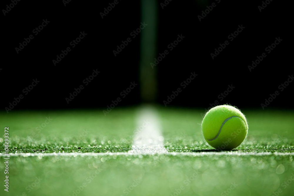 soft focus of tennis ball on tennis grass court - obrazy, fototapety, plakaty 