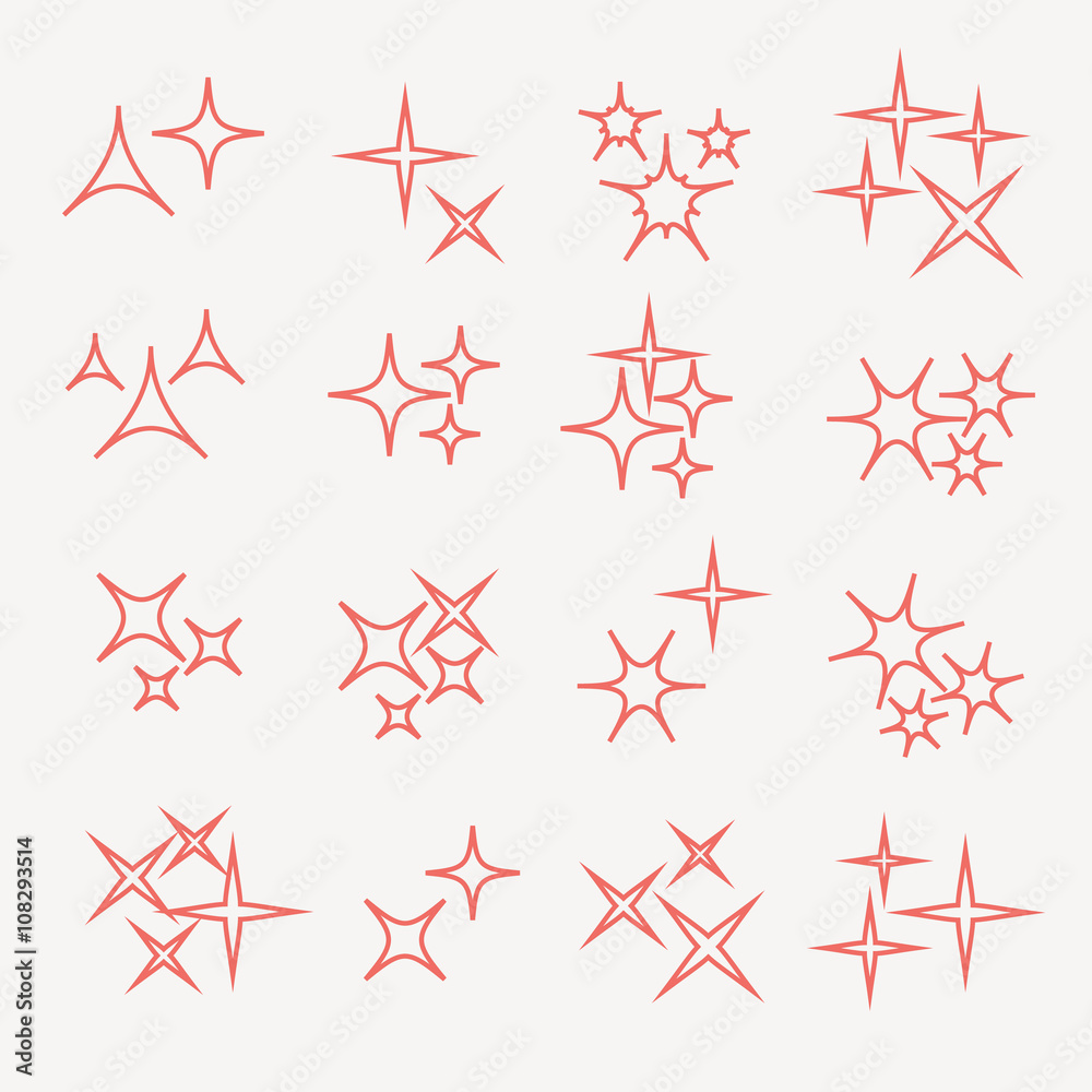 Obraz premium Sparkles, starbursts and fireworks. linear icons on white background