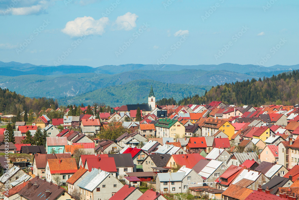     Panoramic view of Croatian town Delnice, Gorski Kotar in spring 