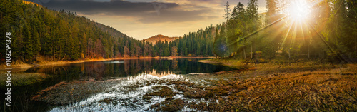 panorama of crystal clear lake near the pine forest in mountains at sunset