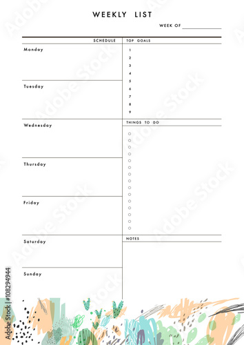 Weekly Planner Template. Organizer and Schedule with place for Notes