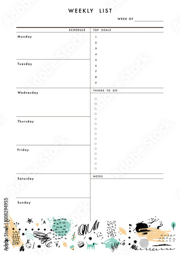 Weekly Planner Template. Organizer and Schedule with place for Notes
