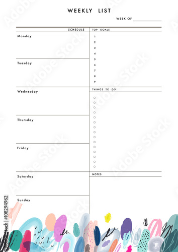 Weekly Planner Template. Organizer and Schedule with place for Notes