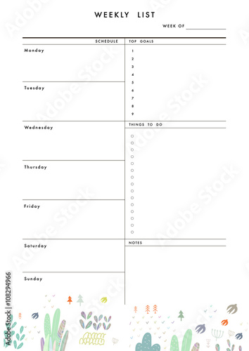 Weekly Planner Template. Organizer and Schedule with place for Notes