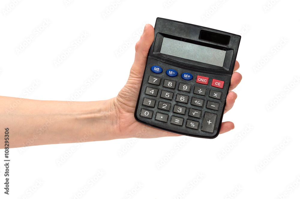 Hand holding a calculator isolated on white Hand holding a calculator isolated on white