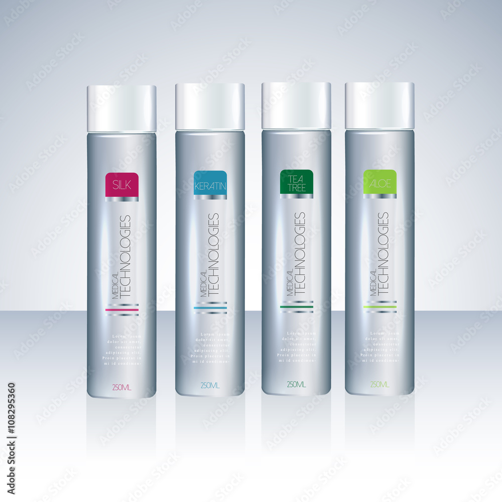 Bottles with sample labels for shower gel or shampoo Bottles with sample labels for shower gel or shampoo