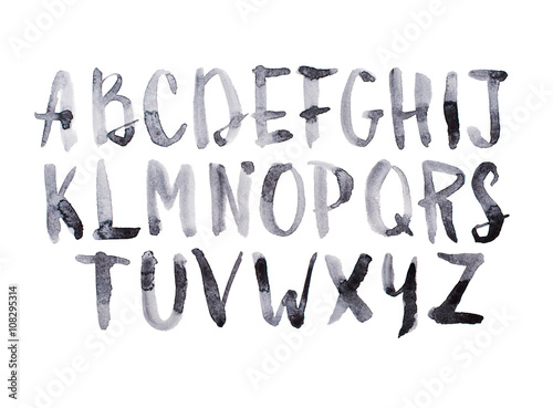 Watercolor aquarelle font type handwritten hand drawn doodle abc alphabet uppercase letters.