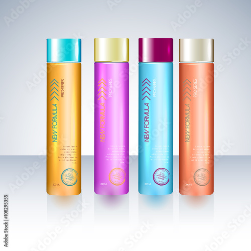 Bottles  with sample labels for shower gel or shampoo