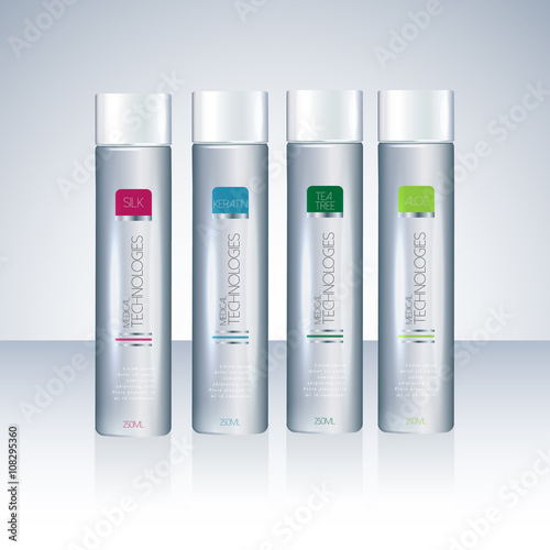 Bottles  with sample labels for shower gel or shampoo