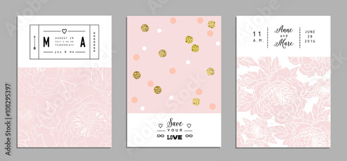 Collection of romantic invitations with gold glitter texture. 