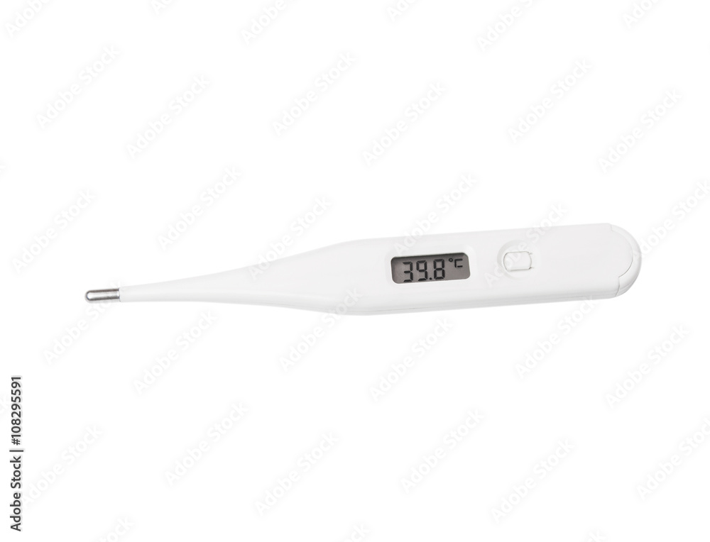 Electronic thermometer shows the temperature of 39.8 degrees isolated on white background Electronic thermometer shows the temperature of 39.8 degrees isolated on white background
