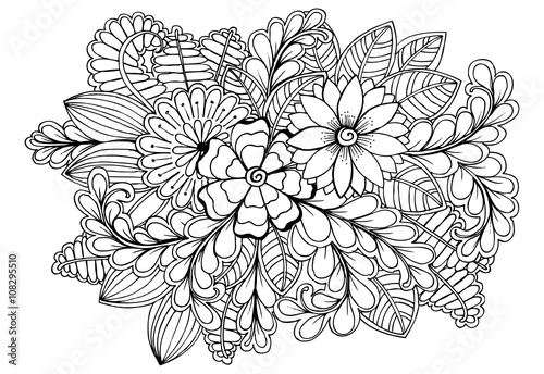 Black and white adult coloring page with flowers and leaves