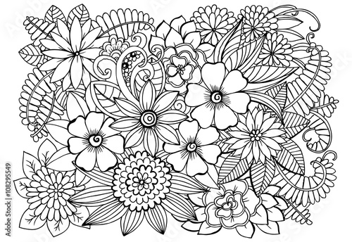 Coloring page with flowers and leaves