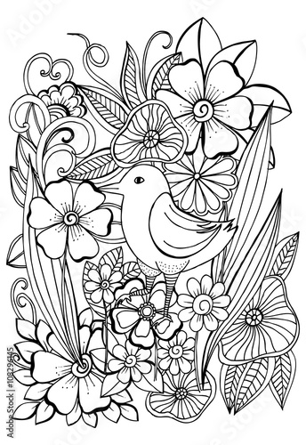Bird in garden.Contrasted adult coloring page with flowers and leaves