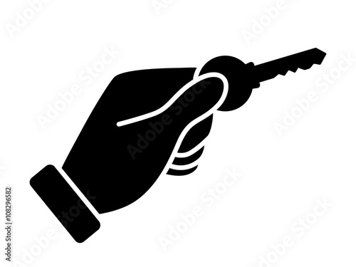 Hand holding modern key to unlock door / success flat icon