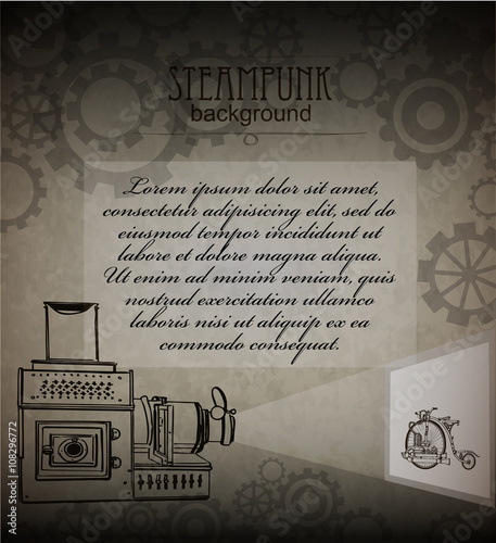 Old optical device, a projector. Steampunk style frame steampunk background