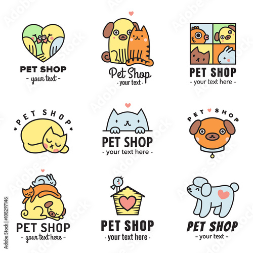 Pet shop cute logos multicolored vector set. Can be used as stickers.