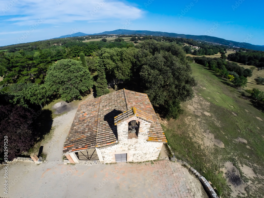 aerial view of small rural church in Cardedeu, Catalonia