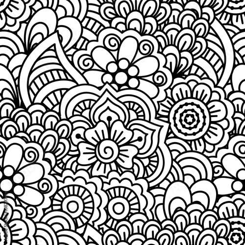 Seamless black and white background. Floral, ethnic, hand drawn elements for design. Good for coloring book for adults or design of wrapping and textile.