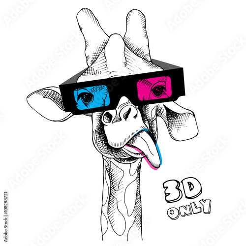 Picture of portrait of a giraffe in 3D glasses. Vector illustration.