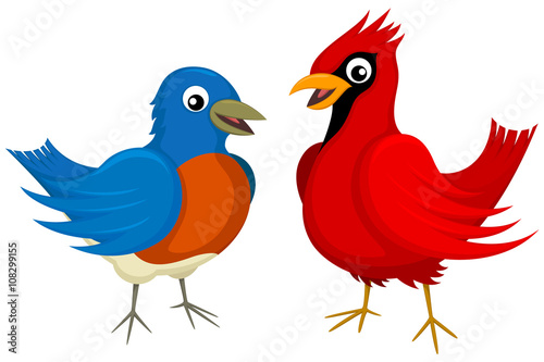 Vector illustration of a cartoon bluebird and cardinal.