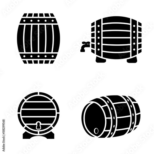 Vector black barrels icons set on white background. Barrel sign.